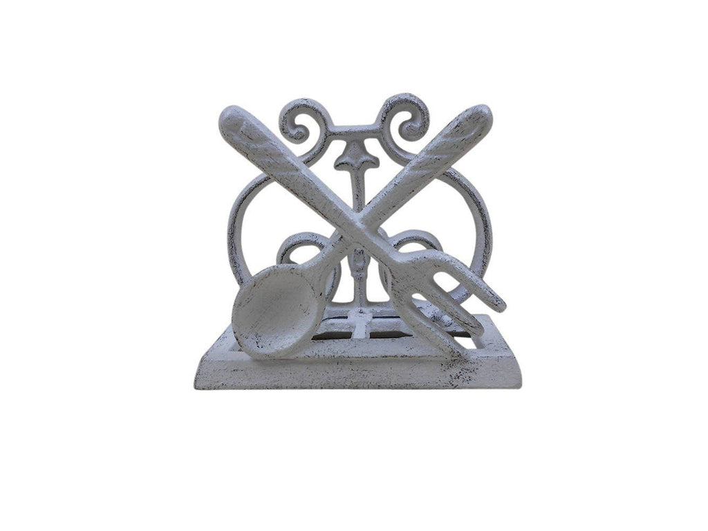 Whitewashed Cast Iron Fork and Spoon Kitchen Napkin Holder 5"
