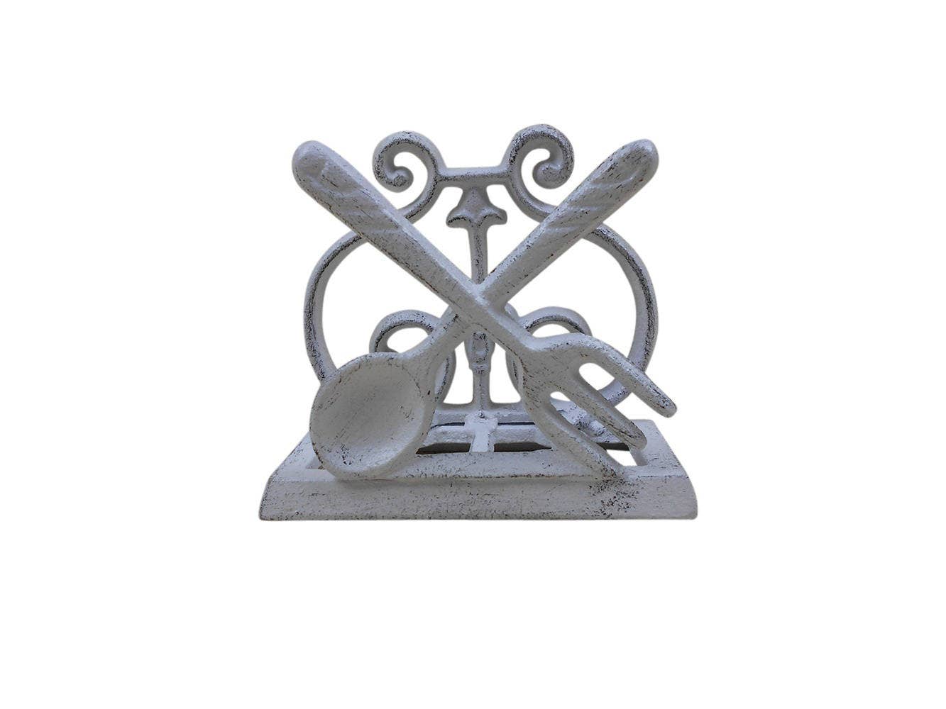 Whitewashed Cast Iron Fork and Spoon Kitchen Napkin Holder 5"