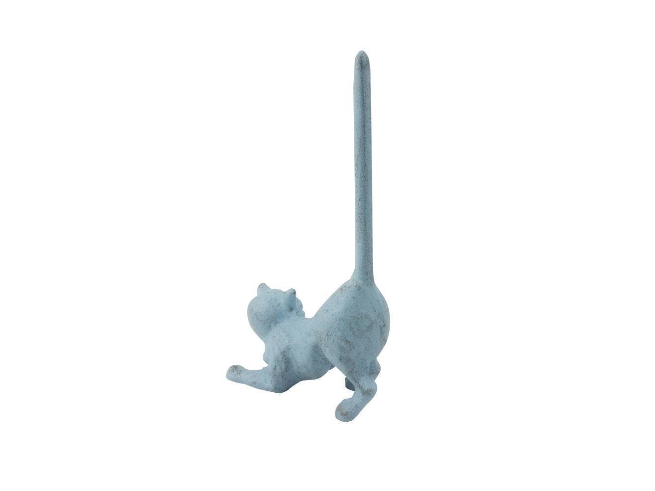 Rustic Light Blue Cast Iron Cat Paper Towel Holder 10"