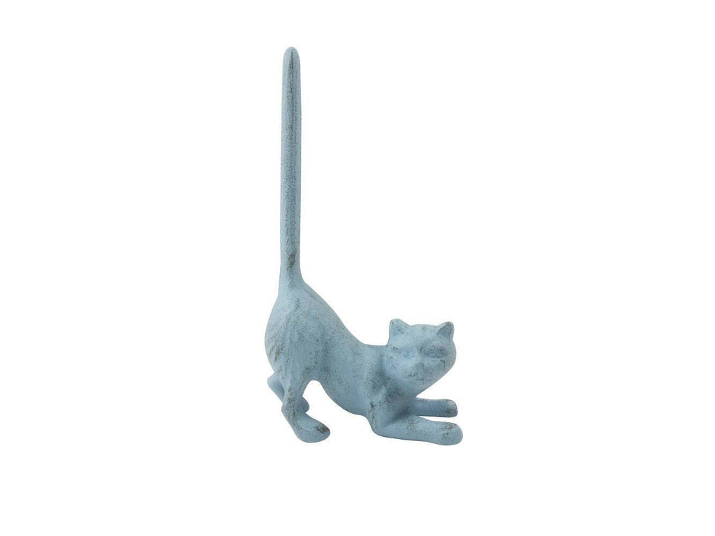 Rustic Light Blue Cast Iron Cat Paper Towel Holder 10"
